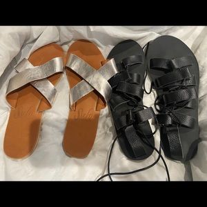 Sseko silver leather sandals and gladiator lace-up sandals, size 9. EUC.